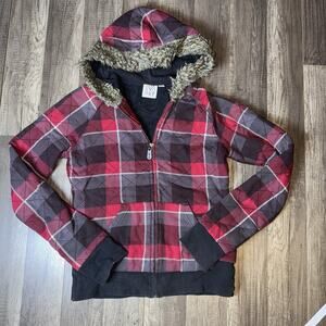 Roxy Women’s Small Quilted Plaid Hoodie Jacket Faux Fur Trim Zip-Up Red Gray